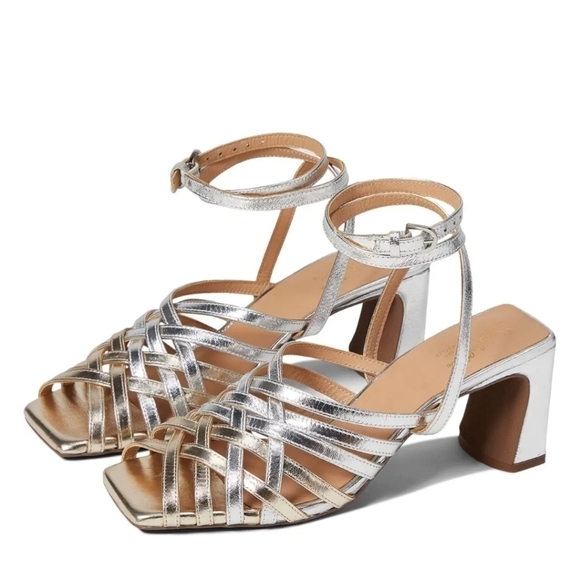 New! Seychelles Charter Metallic Leather Chunky Block Heel Square Toe Sandals - Picture 1 of 16